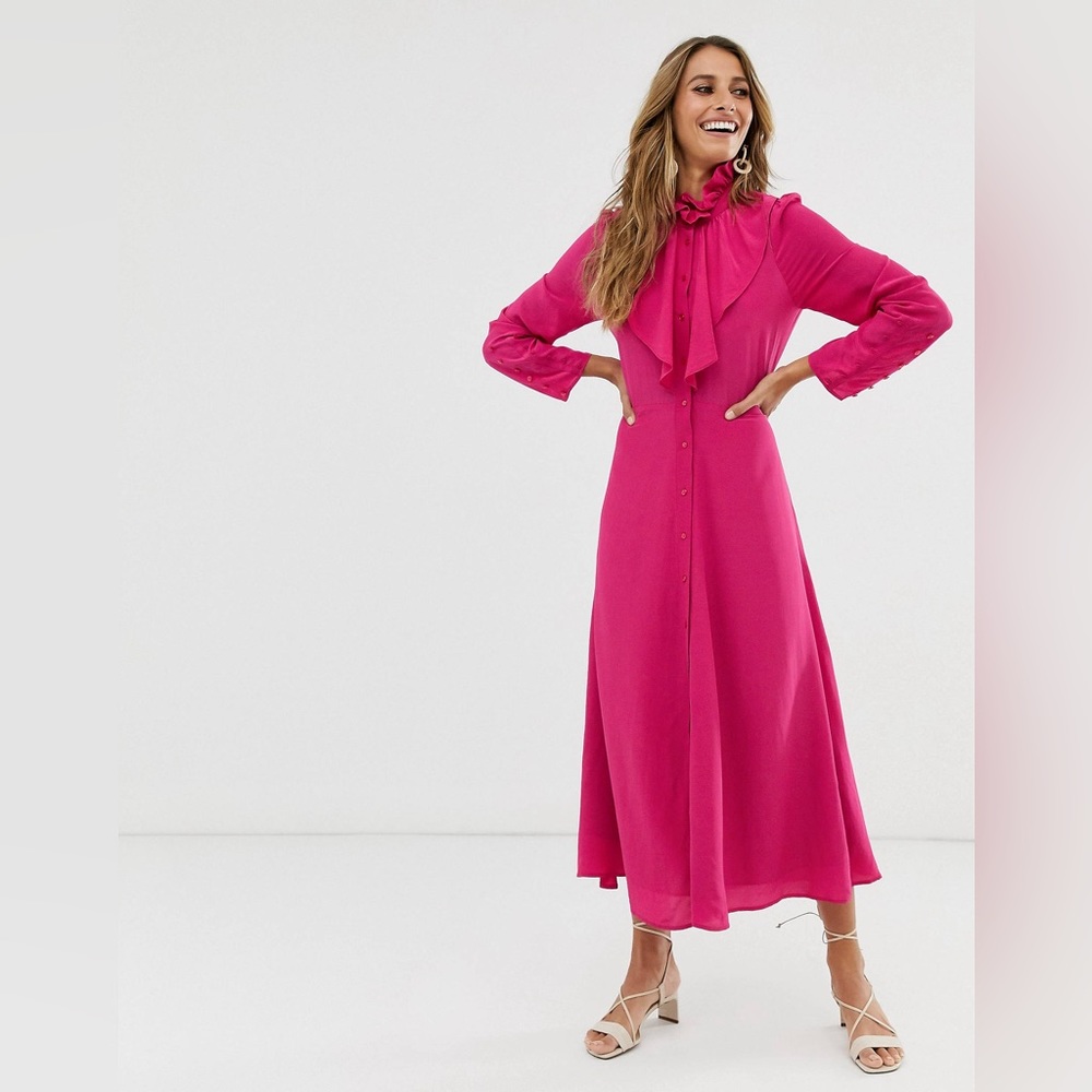 🔥🔥🔥NEW & Other Stories maxi dress with button ruffle neck detail in fuschia